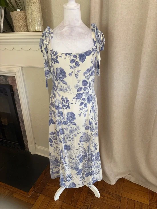 Reformation Cream Maxi Dress with Blue Floral Print and Tie Shoulders - Picture 3 of 14
